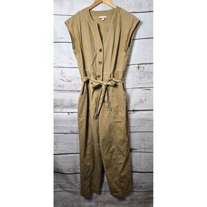 Knox Rose Womens Jumpsuit Size L Tan Khaki Utility Button Front Belted Cargo